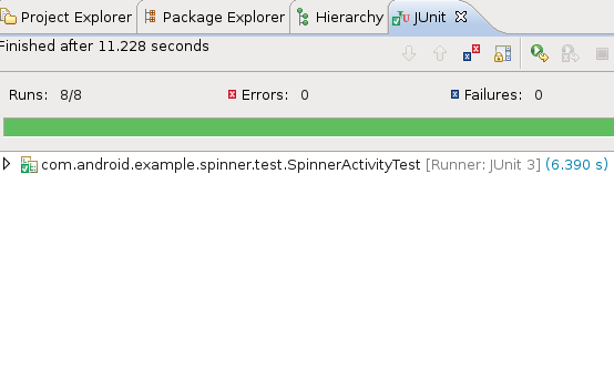The JUnit view in Eclipse with ADT, showing a successful test run of SpinnerTest