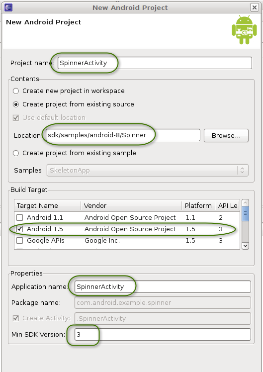 New Android Project dialog with filled-in values