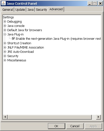 Enable Next Generation Plug-In in Java Control Panel